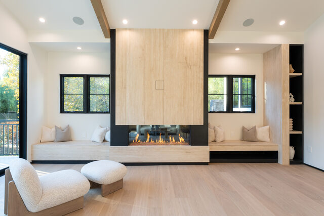 Luxury living room with stone fireplace