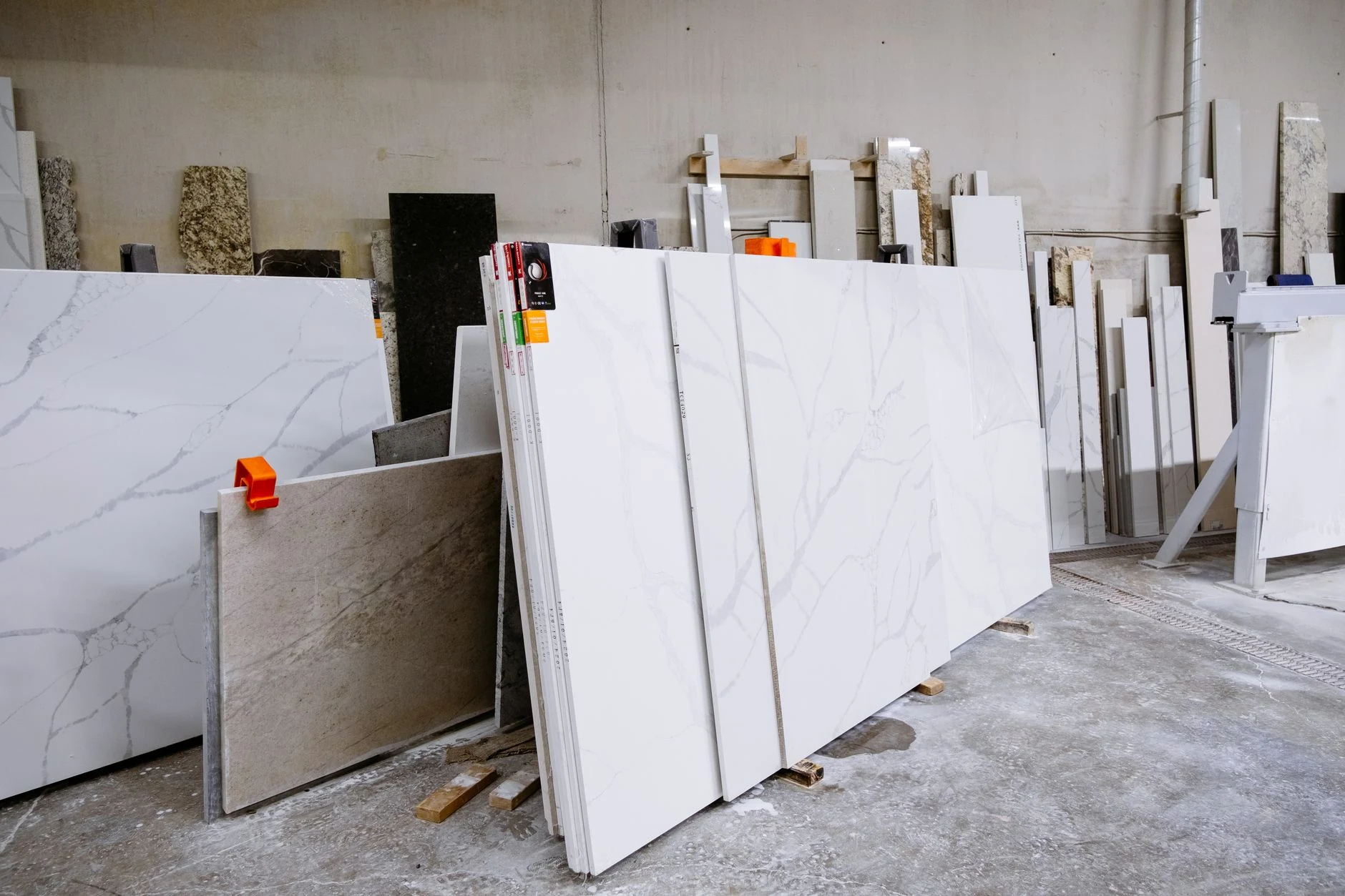 Stone slabs prepared for fabrication in a workshop