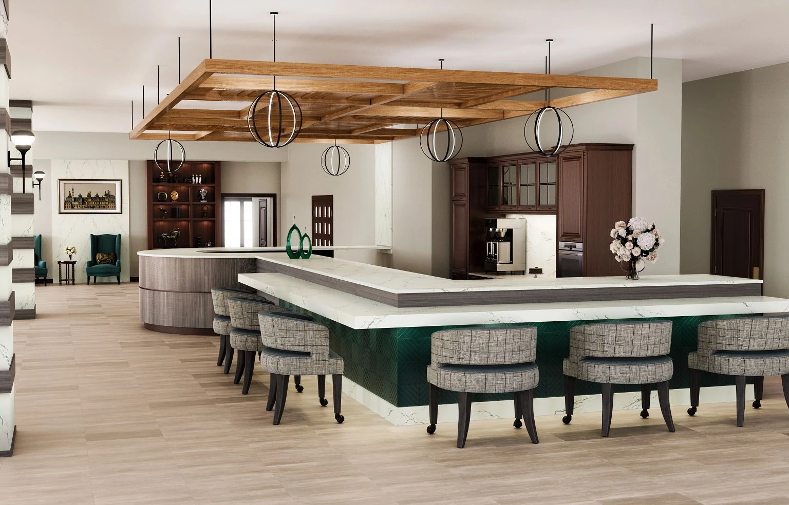Luxury interior with a large natural stone countertop and elegant seating