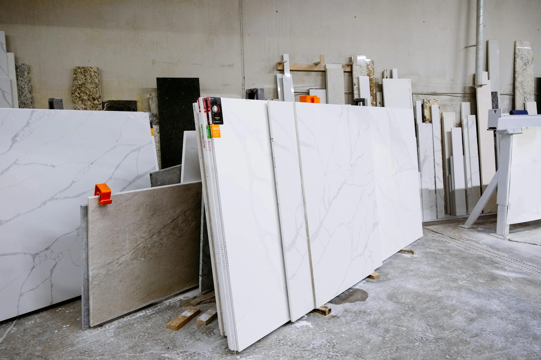 Stone slabs in a fabrication showroom