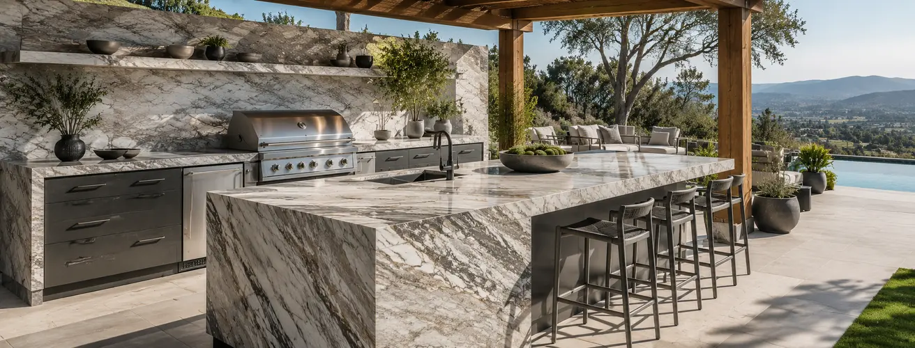 Outdoor stone countertops and BBQ island fabrication for Southern California living spaces