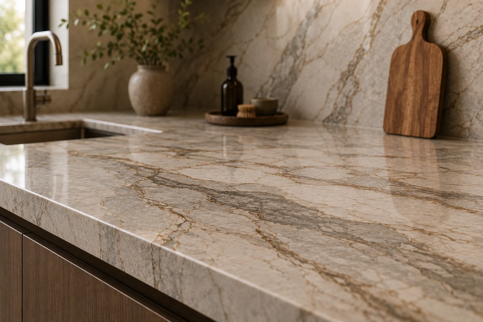 Close-up detail of stone countertop veining edge profile and polished surface