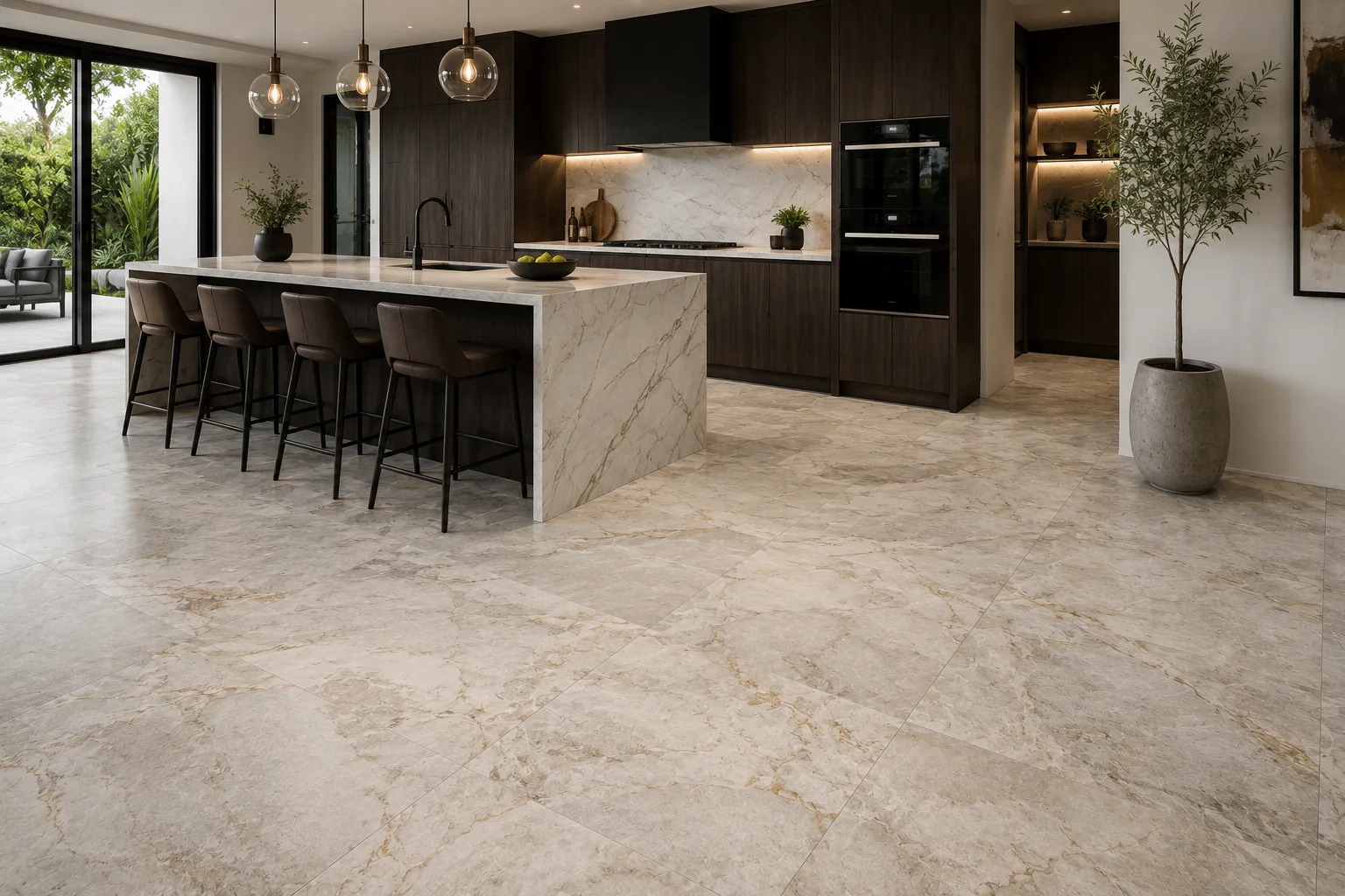 Premium kitchen and bathroom flooring with porcelain and stone-look slabs