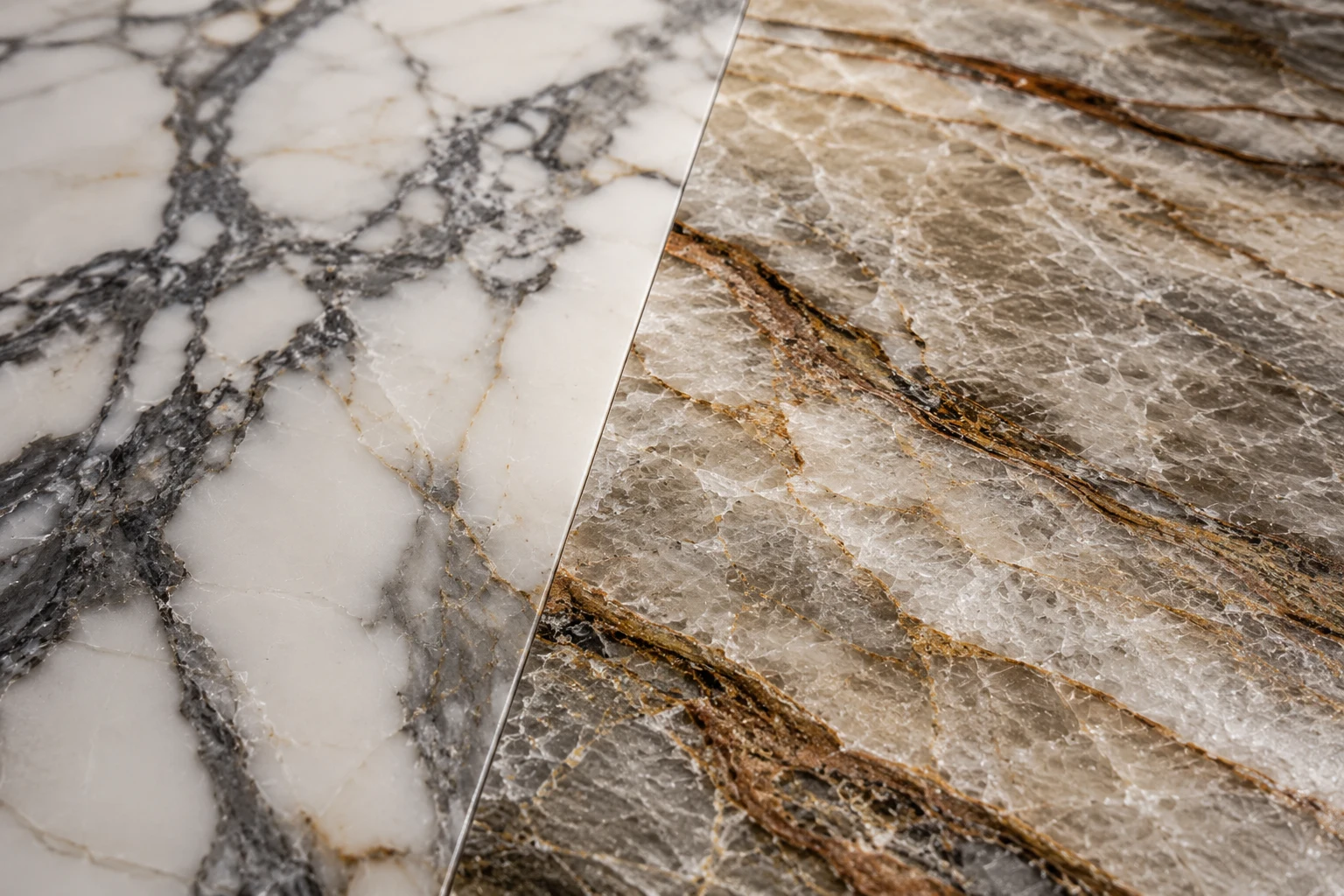 Close-up detail of marble and quartzite natural stone veining and mineral texture