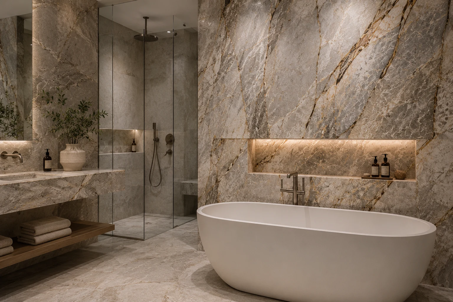 Luxury bathroom with natural stone wall marble surfaces and warm spa lighting